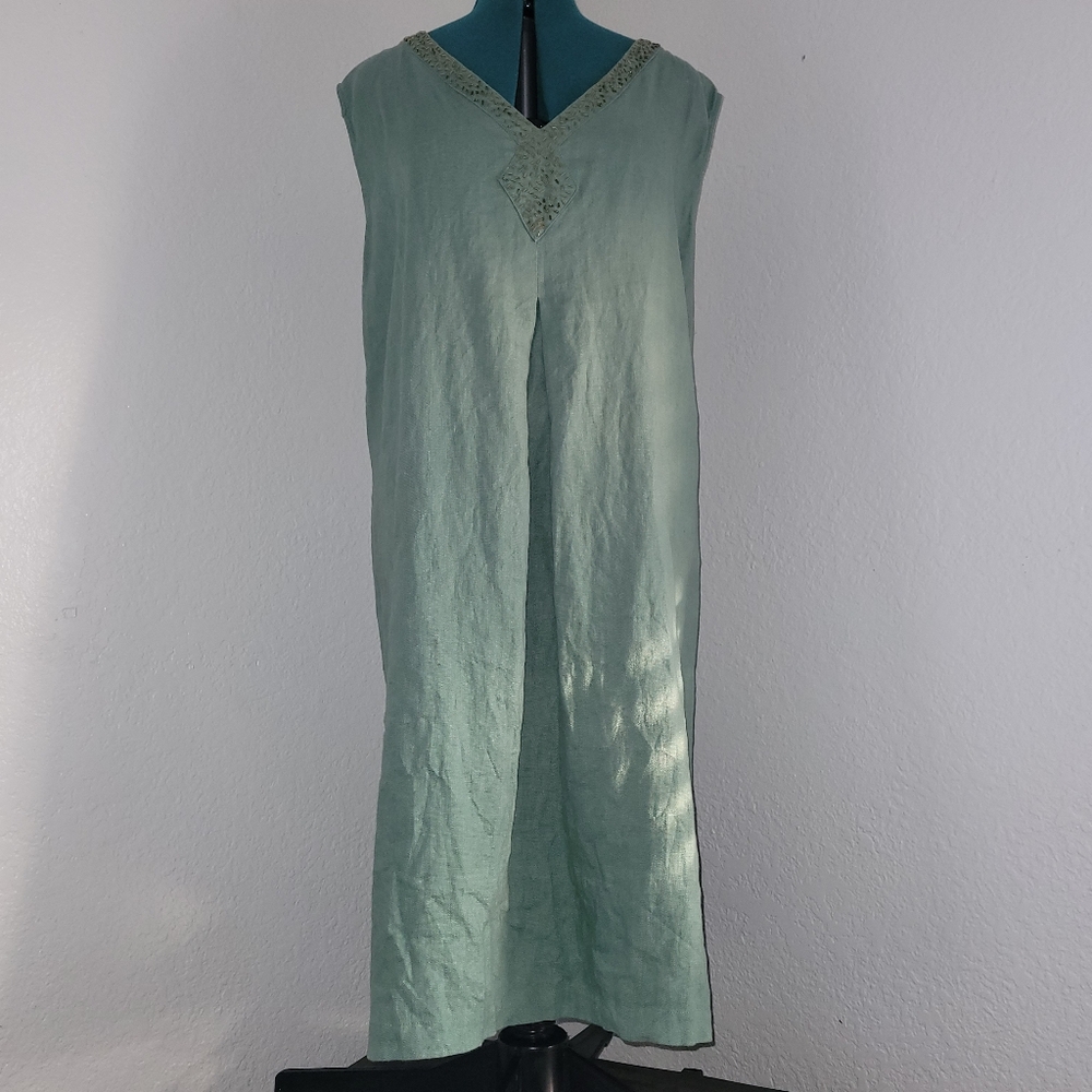 Gillian Grey Womens Plus Size 28 Linen Shift Dress Sleeveless Beaded V-Neck